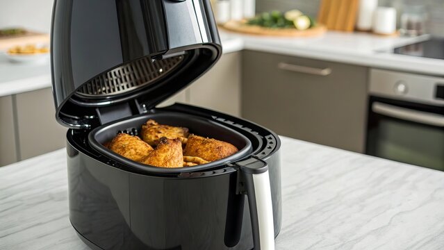 Air Fryer &mdash; Air fryer basket opening with cooked food, modern healthy cooking appliance