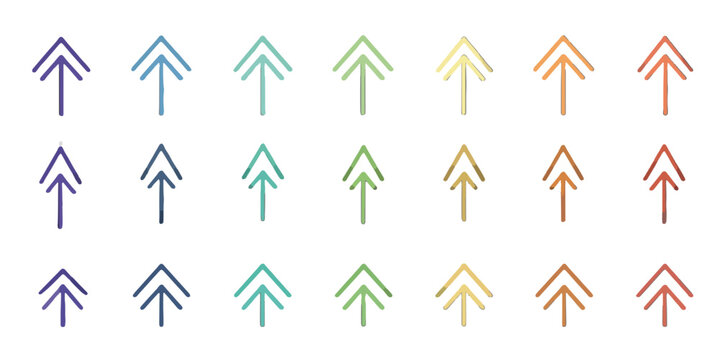 Set di icone frecce stilizzate multicolore con linee doppie, perfette per design trasparenti.