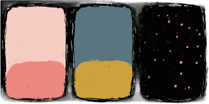 Astratto sfondo nero con puntini luminosi accanto a blocchi colore rosa, blu e giallo ocra