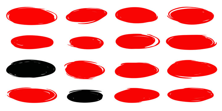 Set di evidenziazioni ovali disegnate a mano in rosso e nero su sfondo trasparente, perfette per il design.
