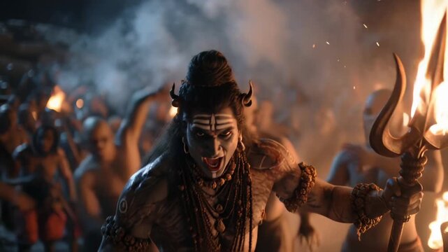 Shiva Figure Holding Flaming Trident Amidst Smoky Ritualistic Gathering