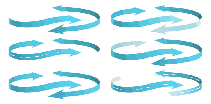 Set di sei frecce blu ondulate e curve con effetto 3D su sfondo trasparente, simbolo di ciclo.