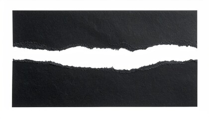 A black, textured paper sheet torn horizontally with a white background. Rough edges reveal a break