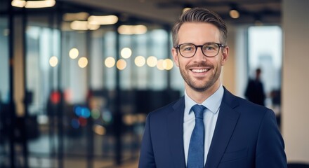 A smiling businessman in a suit and tie in an office setting.
