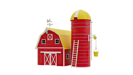 Red Barn and Silo with Yellow Roof