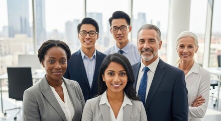 Fototapeta premium A diverse group of business professionals standing in an office with a city skyline in the background.