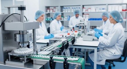 Medical technicians working in a laboratory, using equipment to process and package medication.