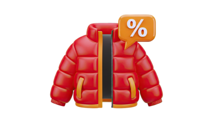 Red Puffer Jacket with Percentage Discount Symbol