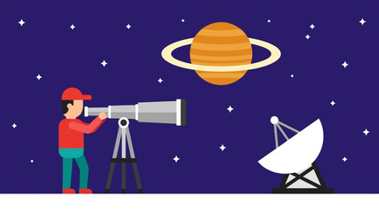 Man observing Saturn with a telescope and a satellite dish in the background under a starry sky © Abhinaya Project
