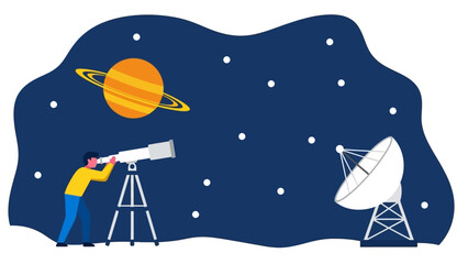 Man uses telescope to observe Saturn and a satellite dish under a starry night sky © Abhinaya Project