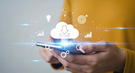 Person Using Smartphone with Cloud Technology Icons in a Light Background