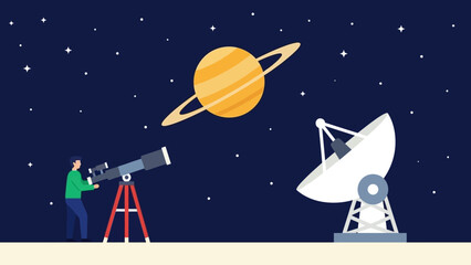 A person observes Saturn with a telescope next to a radio telescope, illustrating the study of space and astronomy, set against a starry night sky © Abhinaya Project