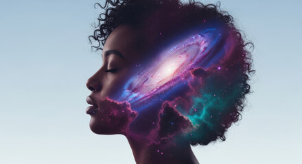 Profile silhouette of a woman reveals a vibrant galaxy within her head, set against a soft blue background, symbolizing imagination, cosmic consciousness and inner exploration.