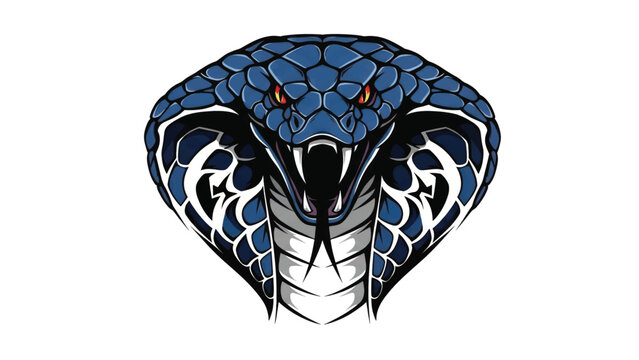 Illustrated blue cobra head design with fangs and hood.
