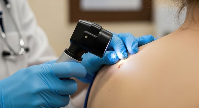 A dermatologist examining a patient's skin with a dermatoscope.