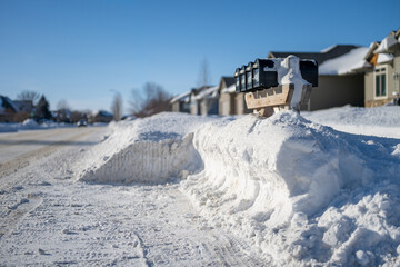 Snow covers mailbox on a quiet street during winter in a suburban neighborhood
