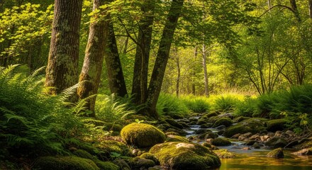 A serene forest scene with moss-covered rocks and ferns, illuminated by sunlight, with a stream flowing through the middle. The environment is lush and green