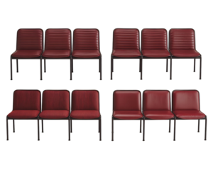 A group of modern red chairs with metal frames arranged in two rows displaying various textures, isolated on transparent background