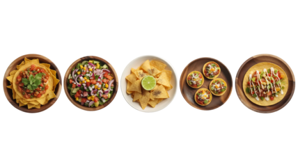 Top down view of a vibrant colorful spread of diverse Mexican appetizers in bowls and plates, isolated on transparent background