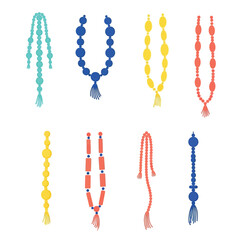 Eight colorful beaded necklaces or garlands with tassels, in various designs and lengths.