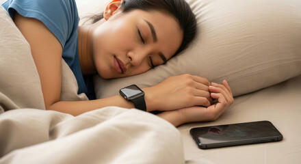 A peacefully sleeping woman is resting in her beige bed with a smartwatch on her wrist and her smartphone lying next to her on the pillow.