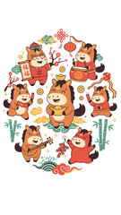 Fototapeta premium Cute Cartoon Horses Celebrating Chinese New Year.