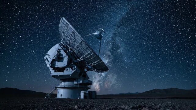 Radio telescope under starry night sky with Milky Way