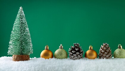 Small Christmas tree decorated with gold ornaments and pinecones on snow with a green background 

