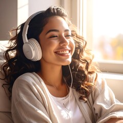 Woman Enjoying Music with Headphones by the Window.