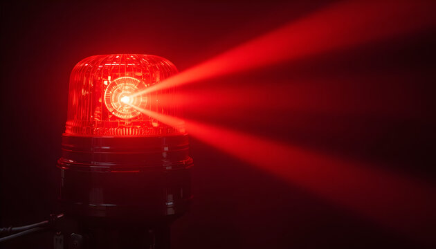 Close-up of a bright red emergency warning beacon light flashing with intense beams in dark...