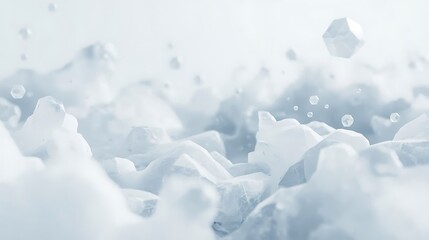 Soft focus ice cubes floating in frosty atmosphere