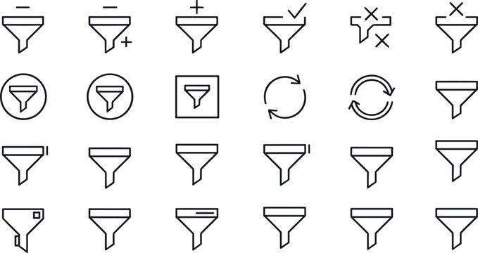 Filter and funnel line icon set showing sort, refine, refresh and selection symbols for user interface and data management in minimal outline vector style