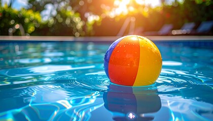 A vibrant, colorful beach ball drifts lazily on the clear blue water of a shimmering pool in bright sunlight