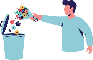 A man throwing colorful flowers out of a trash can on transparent background