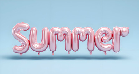 Colorful pink balloons spell out the word 'Summer' against a light blue background, evoking a fun and playful atmosphere perfect for seasonal events.