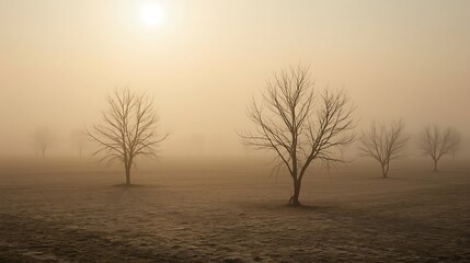 Bare trees stand in foggy landscape with hazy sun