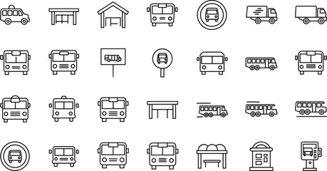 Public transport and bus station line icon set featuring buses, stops, shelters, vehicles and transit symbols in clean minimal outline vector style © MdNazmul