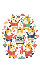 Fototapeta premium Cute cartoon ox characters celebrating the Chinese New Year of the Ox 2026.
