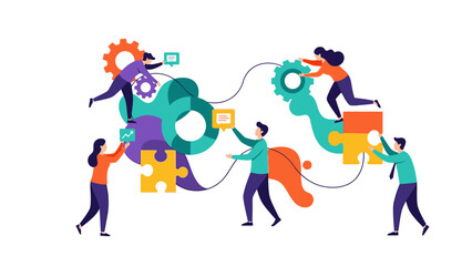 A diverse group of people engaged in teamwork, working together to assemble a large puzzle with colorful pieces and gears in a corporate setting with a creative and conceptual approach.