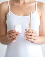 Woman holding toothbrush and dental floss for oral hygiene.