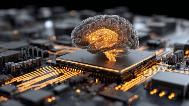 Macro close-up of a central processing unit (cpu) with artificial intelligence concept, glowing circuits, futuristic computer hardware, high-tech electronic components, and digital technology details - Powered by Adobe