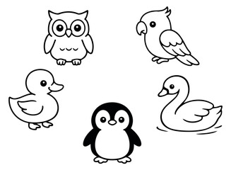 Fototapeta premium Cute line art bird set featuring an owl, parrot, duck, penguin, and swan for children's designs