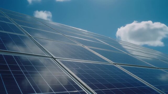 Cinematic Close-Up of Solar Panel Cells Reflecting Blue Sky and Passing Clouds &mdash; Clean High-Tech Renewable Energy and Sustainability Concept Video in 4K