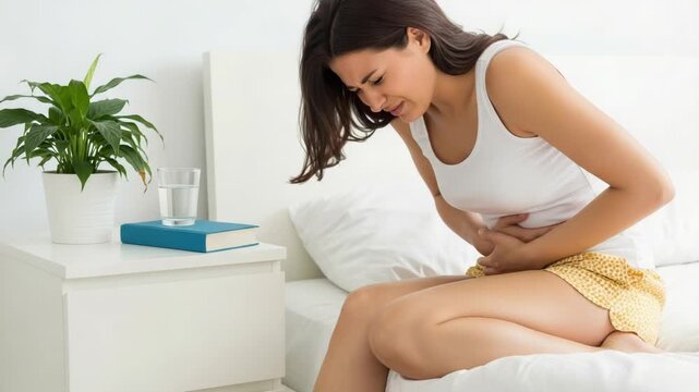 Woman sitting on bed with stomach pain on white background