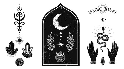 Celestial Linocut Print Set Oriental Arch Window