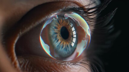 Cinematic Close-Up Human Eye Reflecting Rotating Holographic Earth — Futuristic Global Connectivity and Business Technology Concept with Shallow Depth of Field