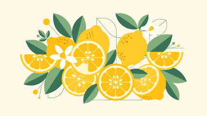 Fresh Lemon Arrangement Illustration with Slices, Flowers, and Green Leaves