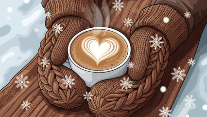 Cozy Winter Coffee: Hands in Mittens Holding Steaming Latte with Heart Art and Falling Snowflakes