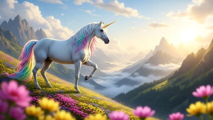 Majestic Unicorn Grazing in a Sun-Drenched Mountain Meadow with Rainbow Mane.