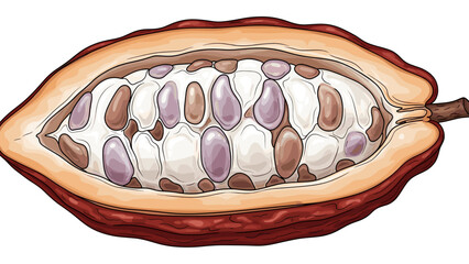 Detailed cross-section illustration of cocoa pod with raw beans and white pulp. Botanical drawing for chocolate ingredient.